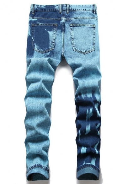 Chic Jeans Plain Full Length Zip Placket Straight Mid Rise Distressed Jeans for Boys
