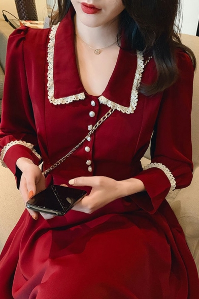 Classic Women A-Line Dress Spread Collar Lace Decorated Long Sleeve Midi Dress