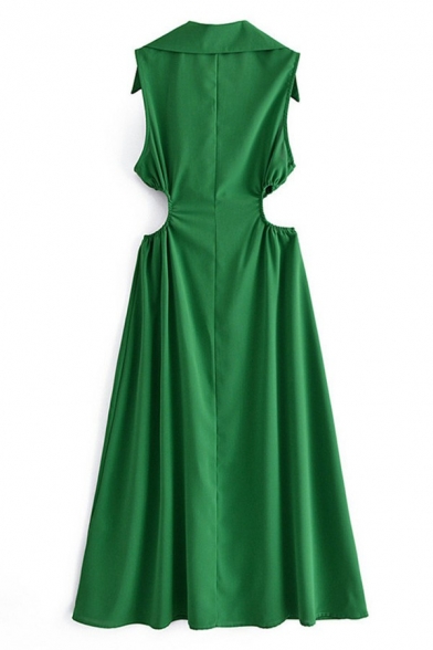 Elegant Womens Dress Solid Color Lapel Neck Sleeveless Hollow Midi Flare Dress