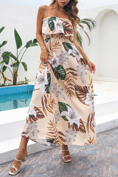 Leisure Womens Dress Floral Pattern Strapless Ruffle Maxi Flare Dress