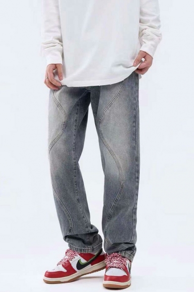 Men Creative Jeans Pure Color Whitening Detail Loose Full Length Mid Rise Zip down Jeans