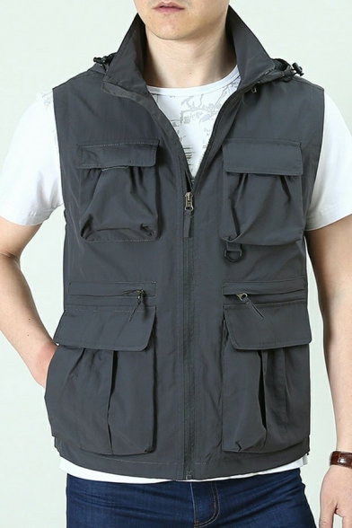 Modern Guys Vest Stand Collar Plain Zip Closure Pocket Detail Regular Fit Vest with Hood