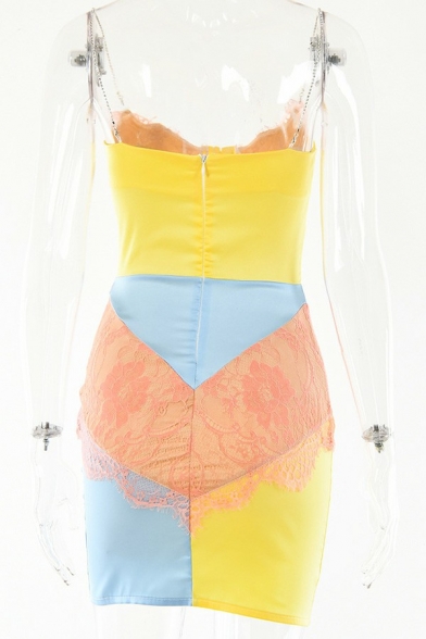 Sexy Ladies Cami Color Block Lace Spaghetti Straps Single Breasted Hollow Mini Bodycon Dress