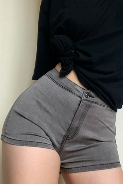 Basic Ladies Shorts Solid Color High Waist Zipper Down Denim Shorts
