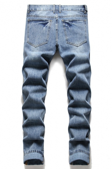 Boy's Cool Jeans Plain Pocket Zip Placket Mid Rise Long Length Distressed Straight Jeans