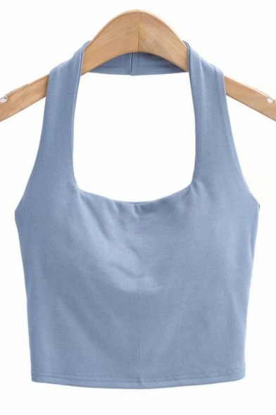 Casual Girls Tanks Solid Halter Sleeveless Cropped Tanks