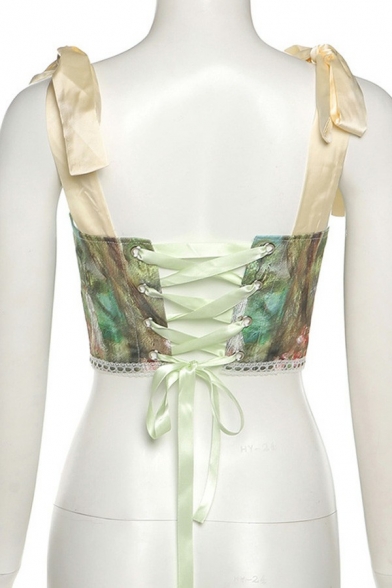 Fancy Ladies Cami Landscape Print Square Neck Lace-Up Bow Detail Adjustable Tie Straps Curved Hem Cami Top