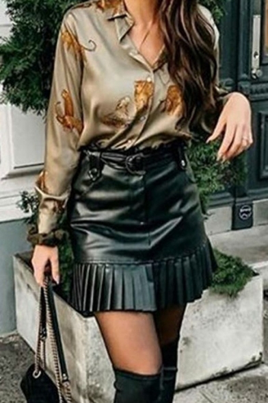 Fancy Womens PU Skirt Belted Zip Up Ruffle Detail Pleated Hem Slim Fit Mini Skirt in Black