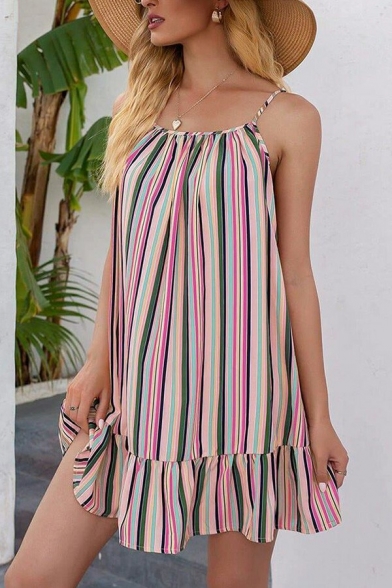 Holiday Style Cami Dress Spaghetti Straps Stripe Print Mini Smock Dress for Women