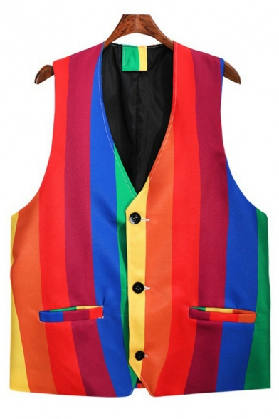 Men Leisure Suit Vest Stripe Pattern V Neck Sleeveless Loose Fit Button Closure Suit Vest