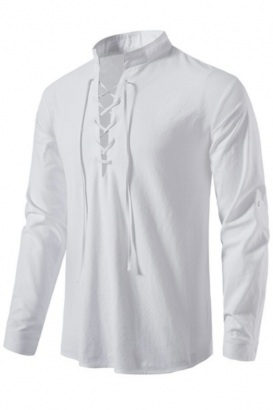 Retro Mens Shirt Plain Long Sleeve Lace up Stand Collar Regular Fit Shirt