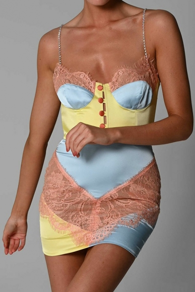 Sexy Ladies Cami Color Block Lace Spaghetti Straps Single Breasted Hollow Mini Bodycon Dress