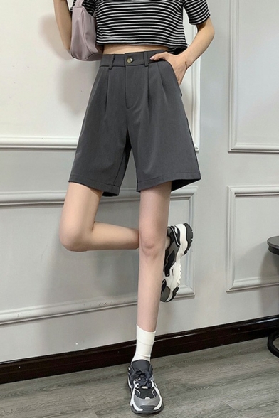 Simple Girls Shorts Plain Zip Fly Pleated High Waist Not including Belted Tailored Shorts