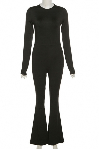 Stylish Womens Jumpsuits Crew Neck Hollow Out Long Sleeve Slim Fit Flared Jumpsuits in Black