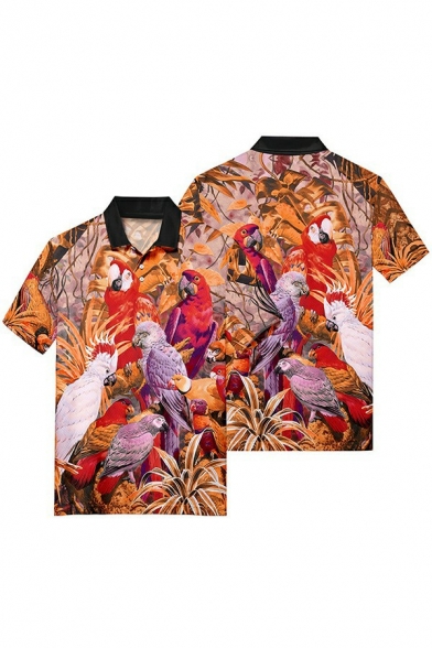 Trendy Mens Polo Shirt Parrot Pattern Button Detail Turn-down Collar Regular Fit Polo Shirt