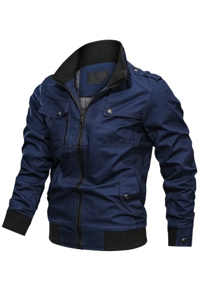 Vintage Jacket Contrast Color Zip Pocket Skinny Zip Fly Stand Collar Jacket for Men