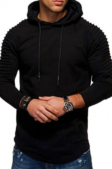 Basic Mens Drawstring Hoodie Plain Long-Sleeved Shoulder Pleats Rib Cuffs Regular Fit Hoodie