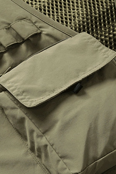 Breathable Mens Grid Vest V-neck Pure Color Zip Closure Regular Fit Vest