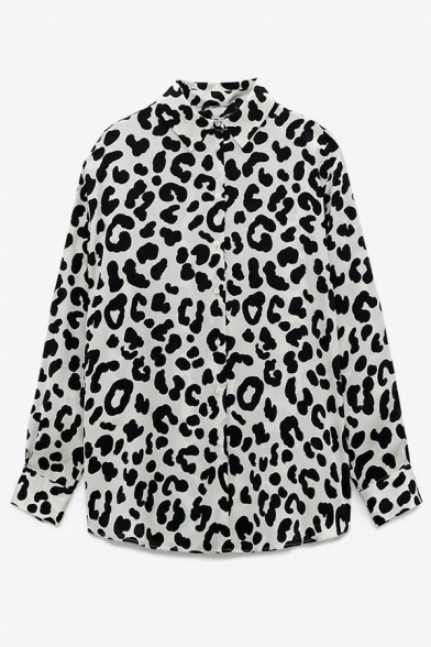 Classic Ladies Shirt Turn Down Collar Leopard Print Button Down Long Sleeve Loose Fit Shirt