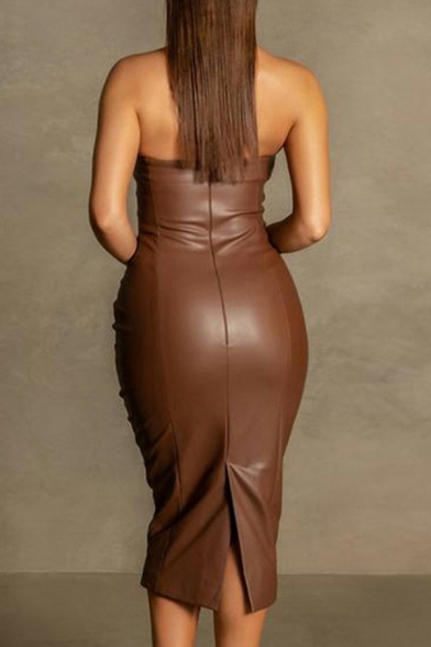 Leisure Ladies Dress Solid PU Leather Strapless Split Hem Skinny Midi Pencil Dress