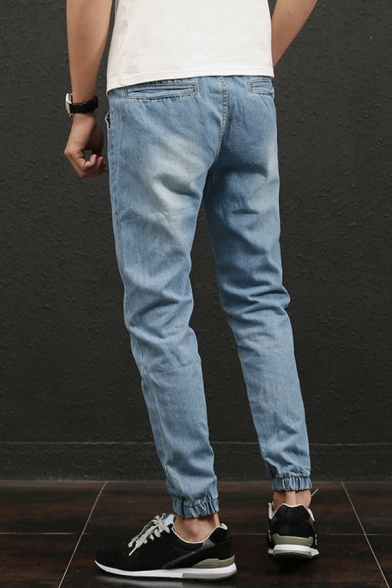 Men Modern Jeans Plain Distressed Full Length Mid Rise Regular Ankle Tied Drawstring Jeans