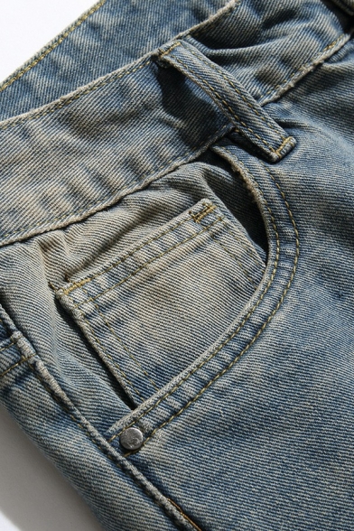 Men Retro Jeans Broken Hole Straight Full Length Zip Placket Mid Rise Regular Jeans