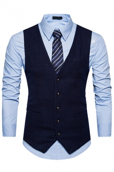 Men's Simple Suit Vest Solid Color Single Breasted V-Neck Regular Fit Suit Vest