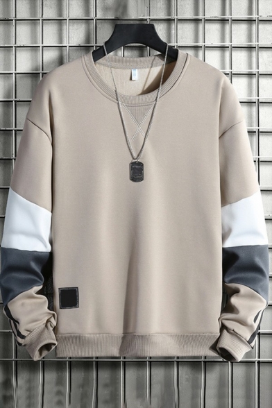 Popular Mens Sweatshirt Contrast Color Round Neck Long Sleeve Rib Cuffs Loose Fit Sweatshirt
