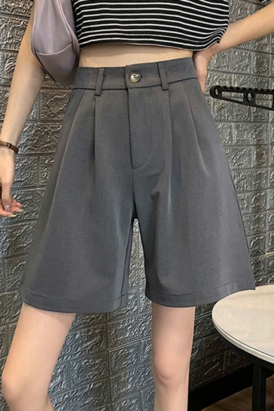 Simple Girls Shorts Plain Zip Fly Pleated High Waist Not including Belted Tailored Shorts