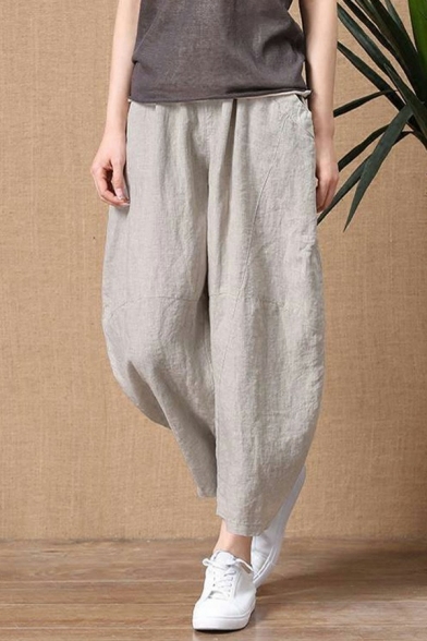 Simple Womens Harem Trousers Solid Linen Elastic Waist High Rise Ankle Length Relaxed Pants