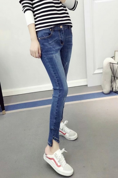 Simple Womens Jeans Distressed Zip Fly Mid Waist Asymmetrical Hem Darkwash Blue Skinny Denim Pants