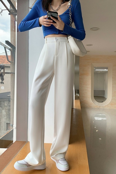 Simple Womens Pants High Rise Solid Color Long Length Straight Wide Leg Pants