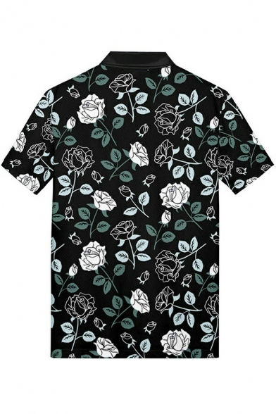 Trendy Mens Polo Shirt Floral Pattern Button Detail Turn-down Collar Regular Fit Polo Shirt