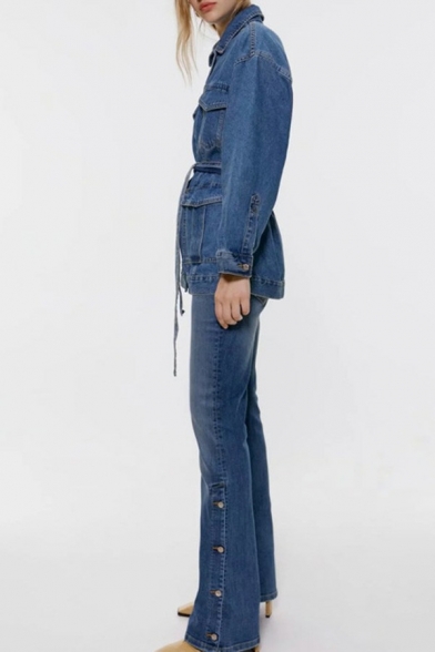 Trendy Womens Jeans Zip Fly High Waist Darkwash Blue Button Hem Bootcut Denim Pants