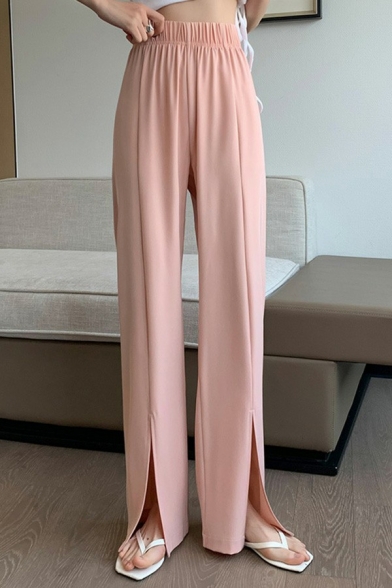 Trendy Womens Pants High Rise Solid Color Split Front Elastic Waist Long Straight Wide Leg Pants