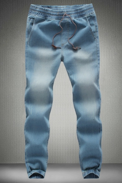 Unique Mens Jeans Plain Pocket Designed Drawcord Waist Long Length Mid Rise Straight Jeans