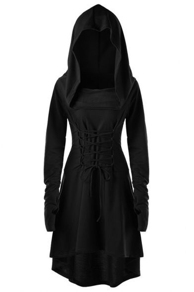 Vintage Womens Hoodie Dress Solid Color Asymmetric Hem Lace-Up Long Sleeve Mini Dress
