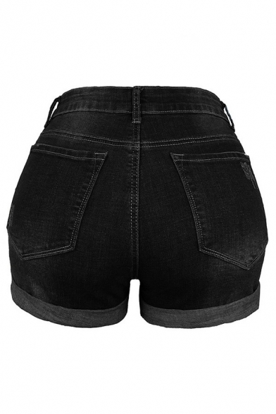 Vintage Womens Ripped Shorts Rolled Cuffs Zipper Fly Mid Rise Medium Wash Slim Fit Denim Shorts