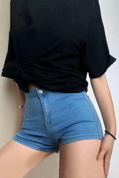 Basic Ladies Shorts Solid Color High Waist Zipper Down Denim Shorts