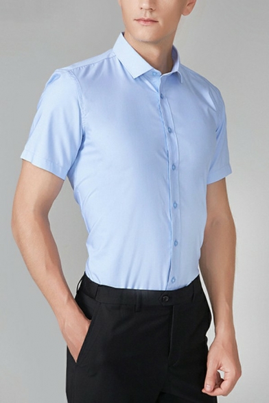 Breathable Mens Shirt Plain Short Sleeve Button Closure Turn-down Collar Slim Fit Shirt
