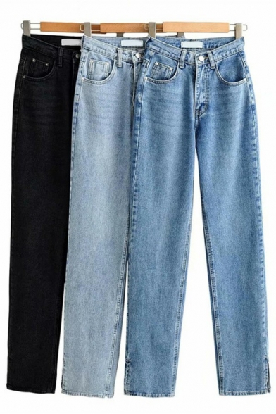 Classic Womens Jeans Zipper Up Split Hem High Waist Slim Fit Straight Jeans with Washing Effect