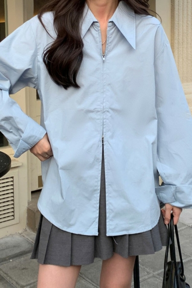 Designer Womens Shirt Solid Color Zipper Closure Oblique Button Back Long Sleeve Oversized Shirt