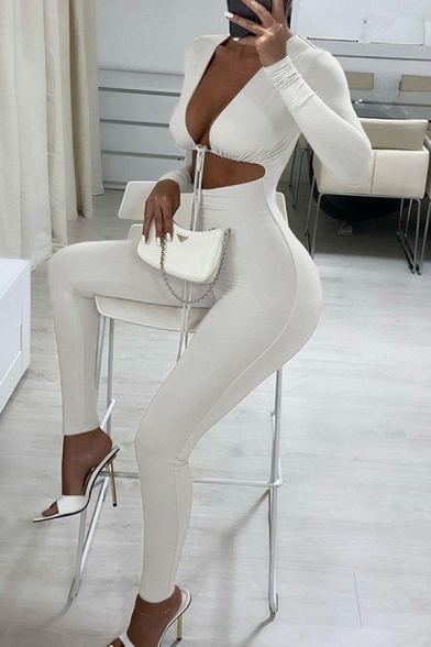 Elegant Womens Jumpsuits Deep V Neck Tie Front Hollow Out Long Sleeve Slim Fit Jumpsuits