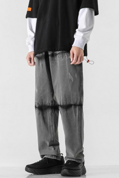 Guys Stylish Jeans Ink Splash Pattern Pocket Mid Rise Oversized Long Length Zip Up Jeans