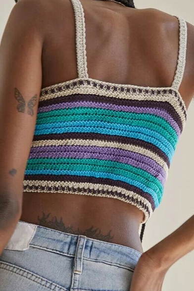 Leisure Ladies Tanks Color Block Spaghetti Straps Knit Cropped Camis