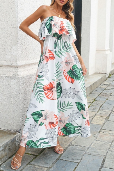 Leisure Womens Dress Floral Pattern Strapless Ruffle Maxi Flare Dress