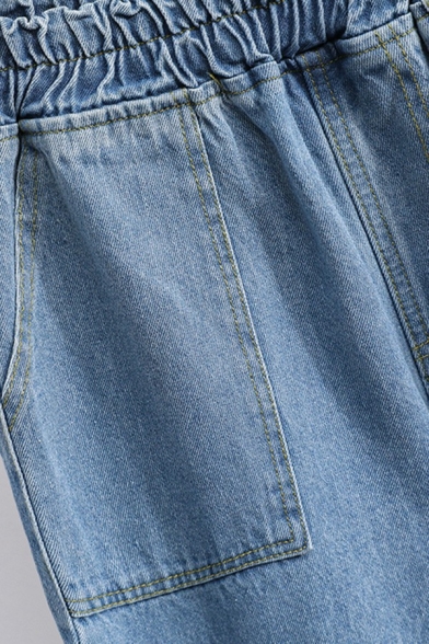 Leisure Womens Jeans Midwash Blue Elastic Waist Front Pockets Straight Denim Pants