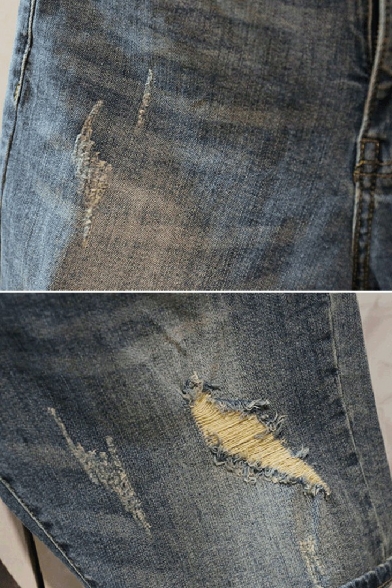 Men's Fashion Denim Shorts Plain Side Pocket Distressed Detail Button Fly Denim Shorts