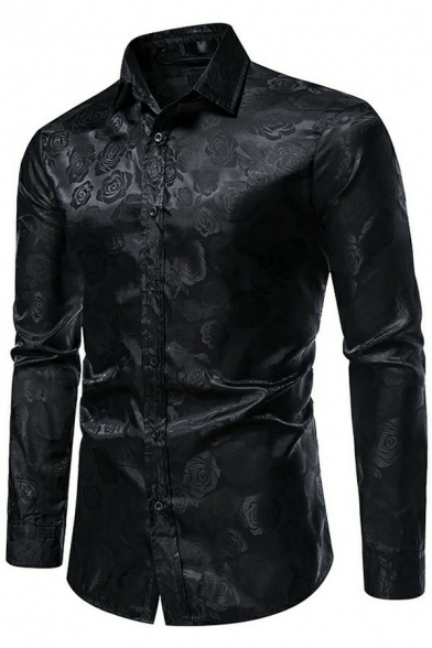 Men Urban Shirt Jacquard Print Turn-down Collar Slim Fitted Long Sleeve Button Up Shirt