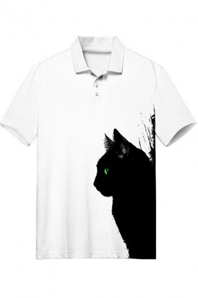 Popular Mens Polo Shirt Cat Pattern Button Detail Turn-down Collar Regular Fit Polo Shirt